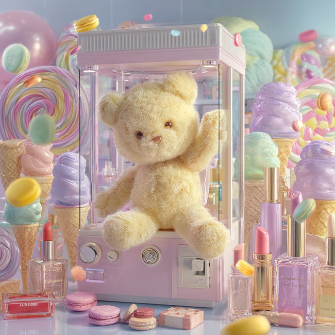Image of a teddy bear inside a claw machine